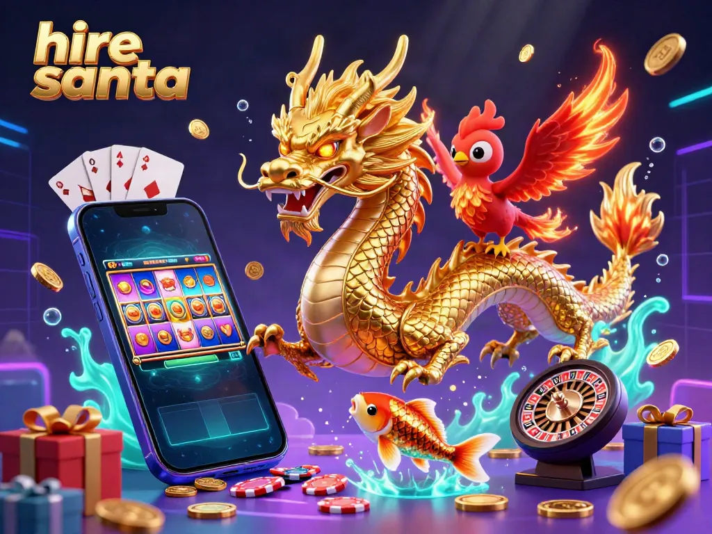 Hire Santa features vibrant casino elements including a dragon and golden koi fish amidst spinning reels and coins.
