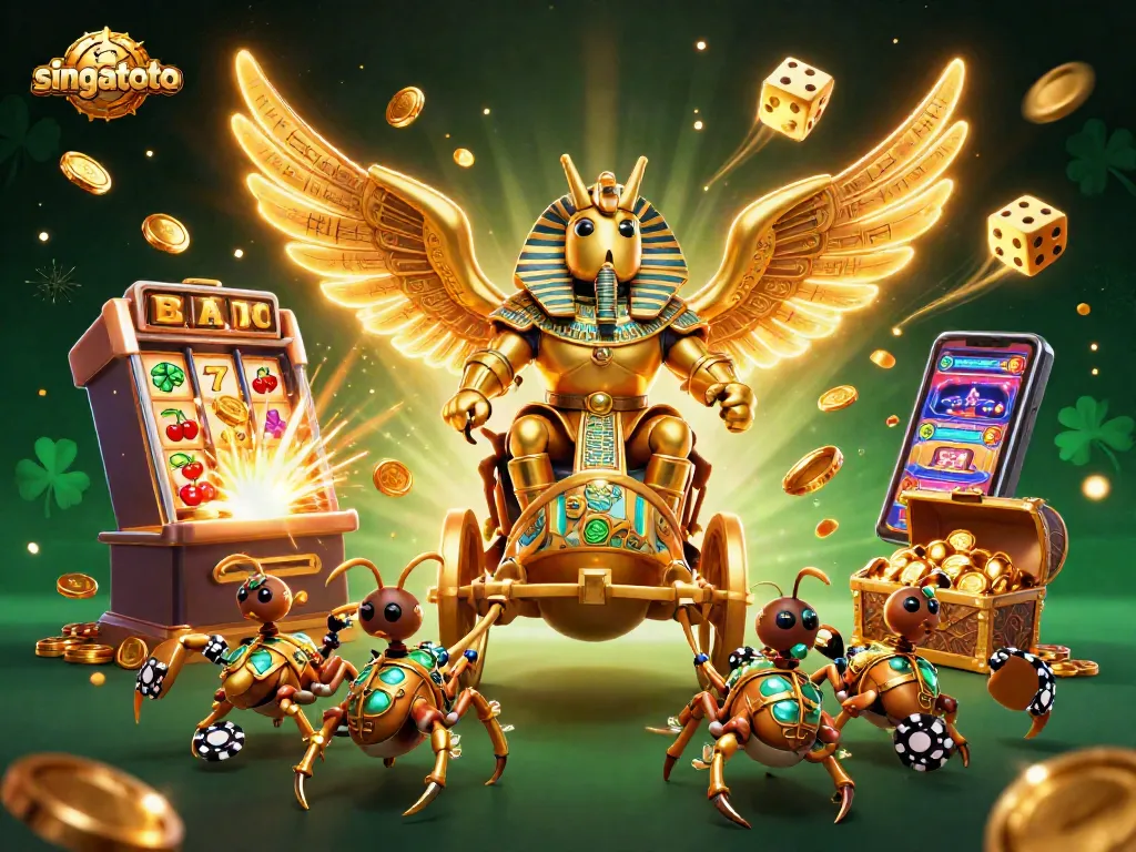 Experience the excitement of singatoto with a vibrant gaming scene featuring a golden beetle, slot machine, and treasure.