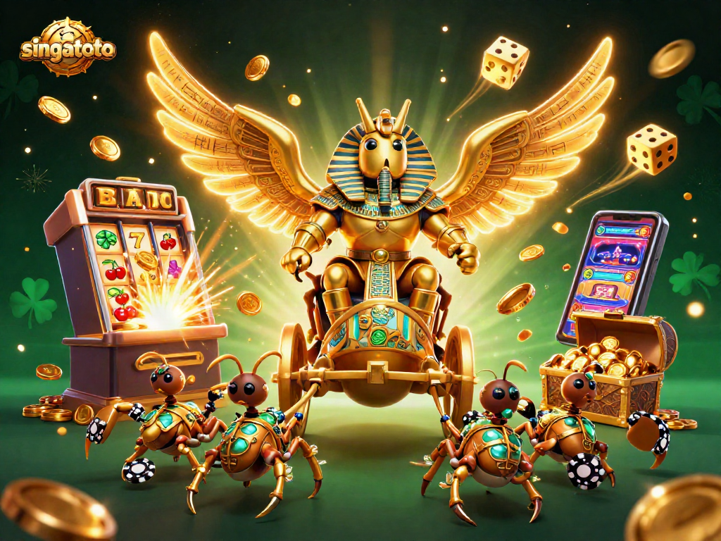 Experience the excitement of singatoto with a vibrant gaming scene featuring a golden beetle, slot machine, and treasure.
