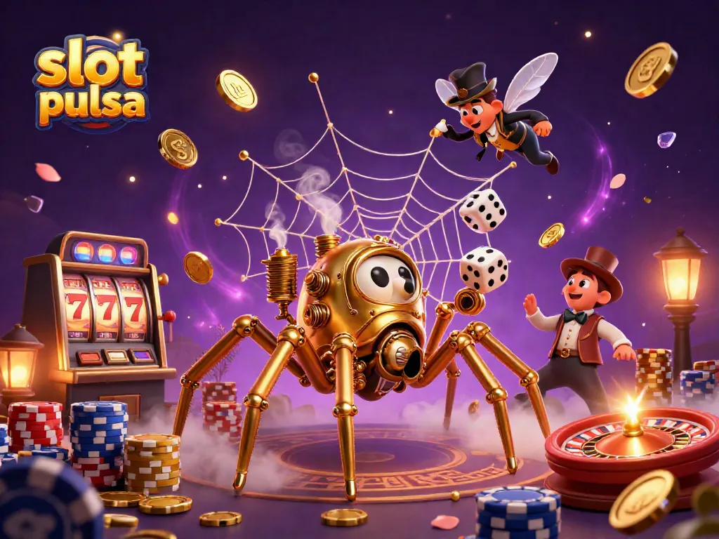 Slot pulsa menang besar dengan ilustrasi 3D bertema casino yang memikat.