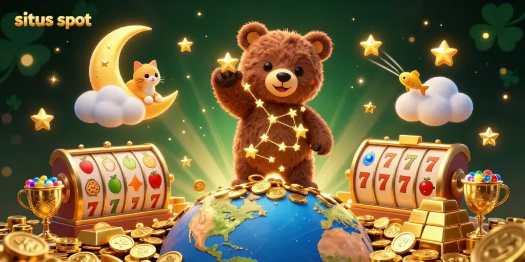 Scoop coins into situs slot with lucky bear and charming moon cat amidst vibrant elements.