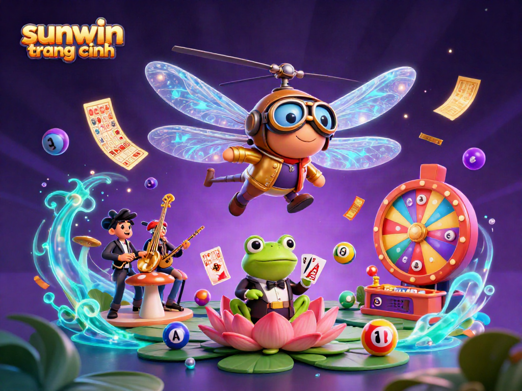 Experience an exciting game scene with sunwin trang chính, featuring dynamic elements like lottery balls and a frog croupier.
