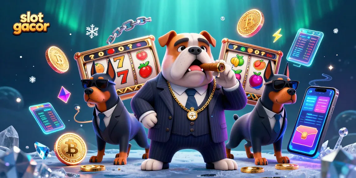 Menyaksikan slot gacor yang megah bersama bos mafia anjing bulldog dan dua Doberman penjaga dalam suasana kasino.