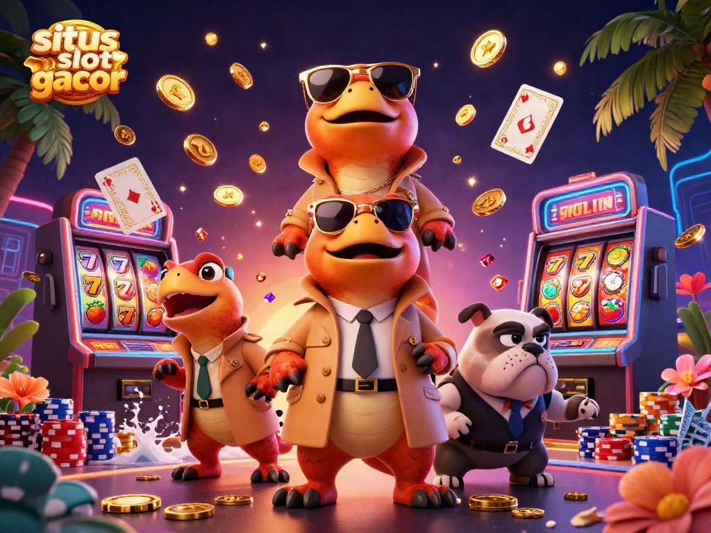 Engage in situs slot gacor excitement with raptors in a trench coat entering a VIP casino.