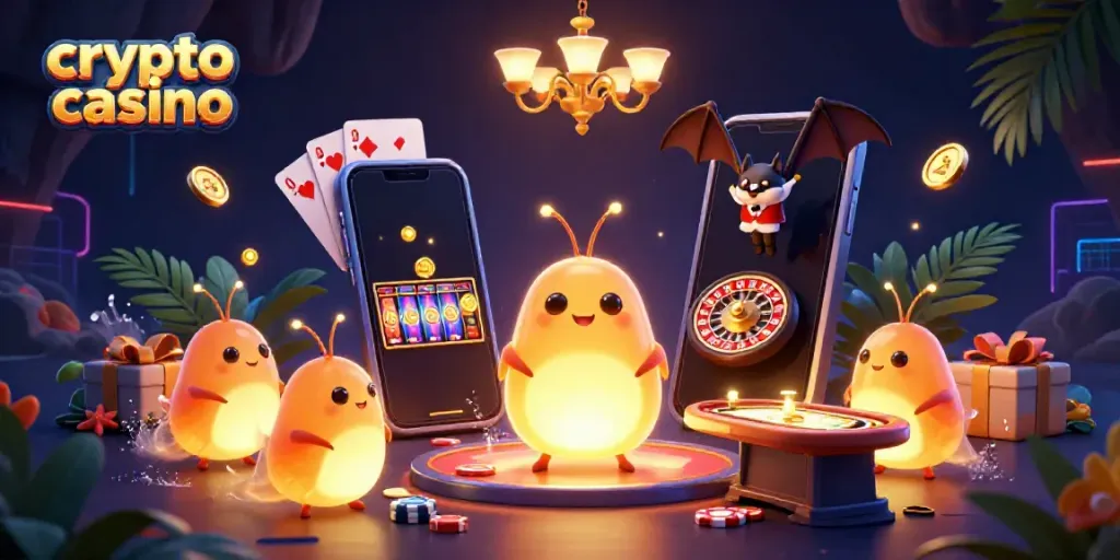Experience the thrills of a crypto casino illuminated by glowworms in a vibrant cave setting.