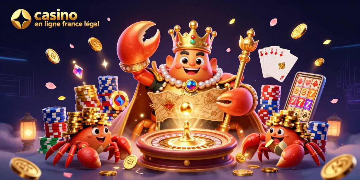 Jouez sur un casino en ligne France légal avec une illustration captivante d'un crabe doré au trésor.