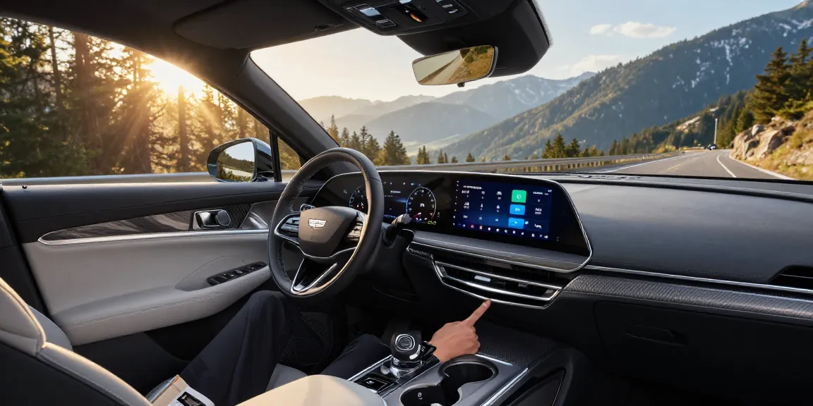 Driver's view of Cadillac Lyriq dashboard adjusting modes to explore do the driving modes in cadillac lyriq offer different ranges or battery usages? against a scenic backdrop.