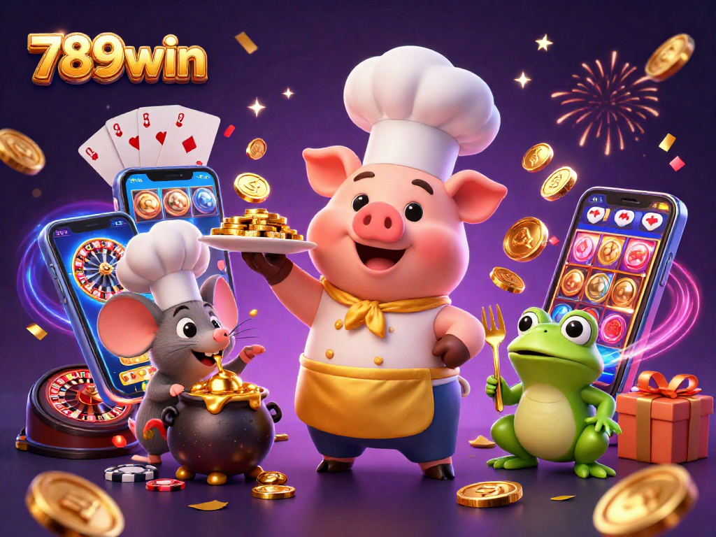 Win big with 789win at a vibrant casino scene featuring a chef pig and playful characters.