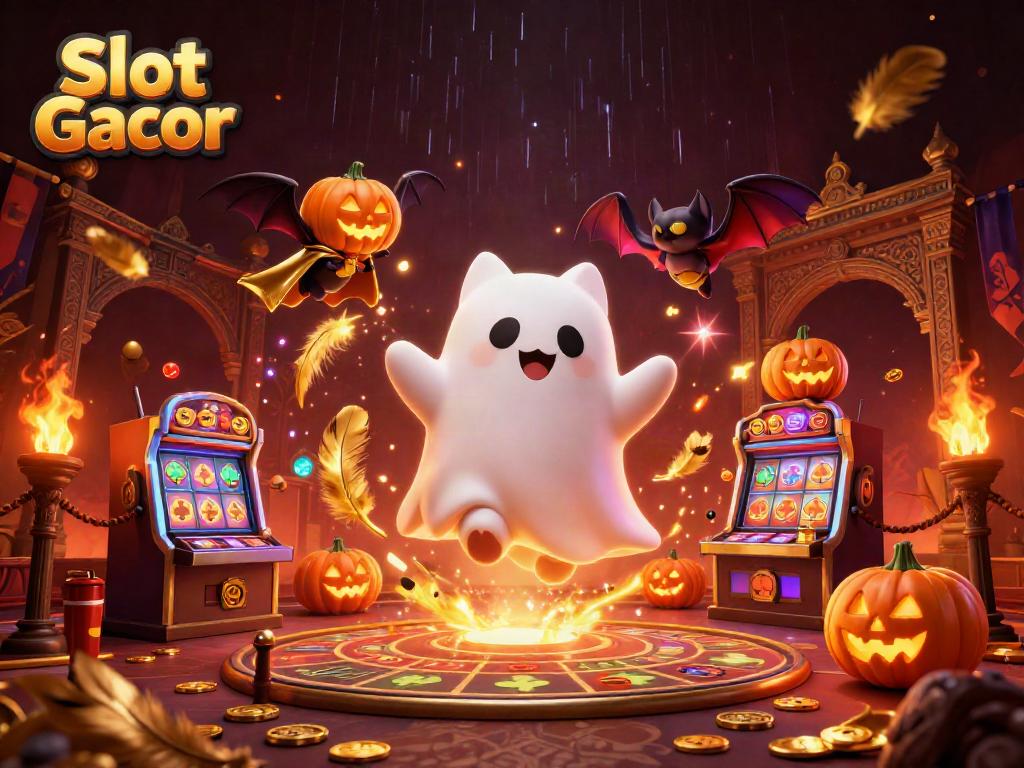 Slot Gacor mengundang pemain di kasino dengan kucing hantu dan kelelawar mitra dalam suasana meriah.