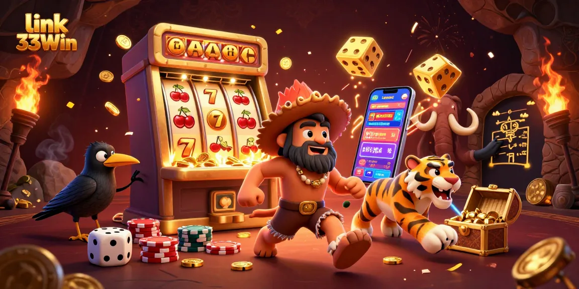 Engage with link 33Win featuring a lively casino scene with cartoon characters and vibrant gaming elements.