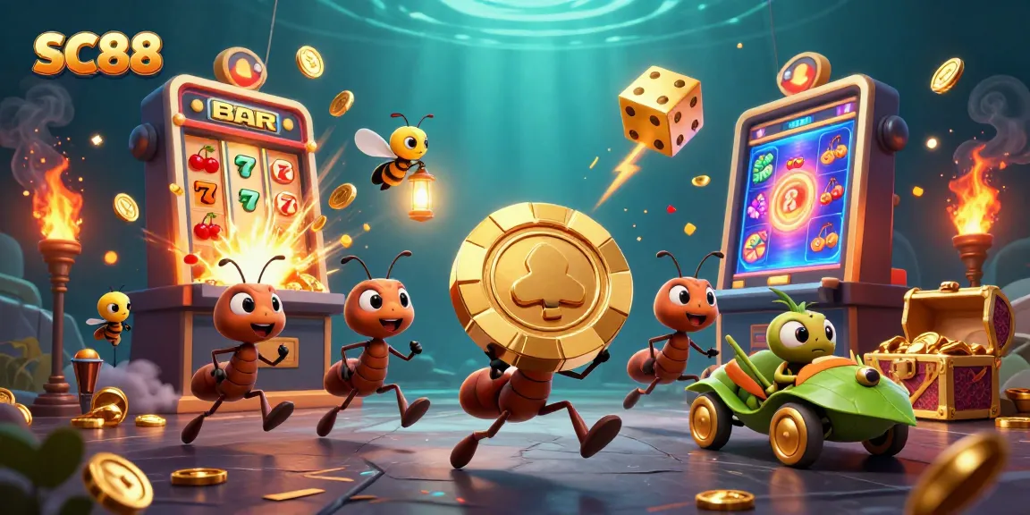 Experience SC88's thrilling casino adventure with ants, golden chips, and slot machines bursting with joy!