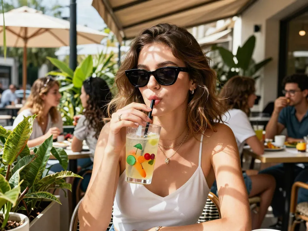 Mulher jovem usando óculos de sol estilizados em um café ao ar livre.