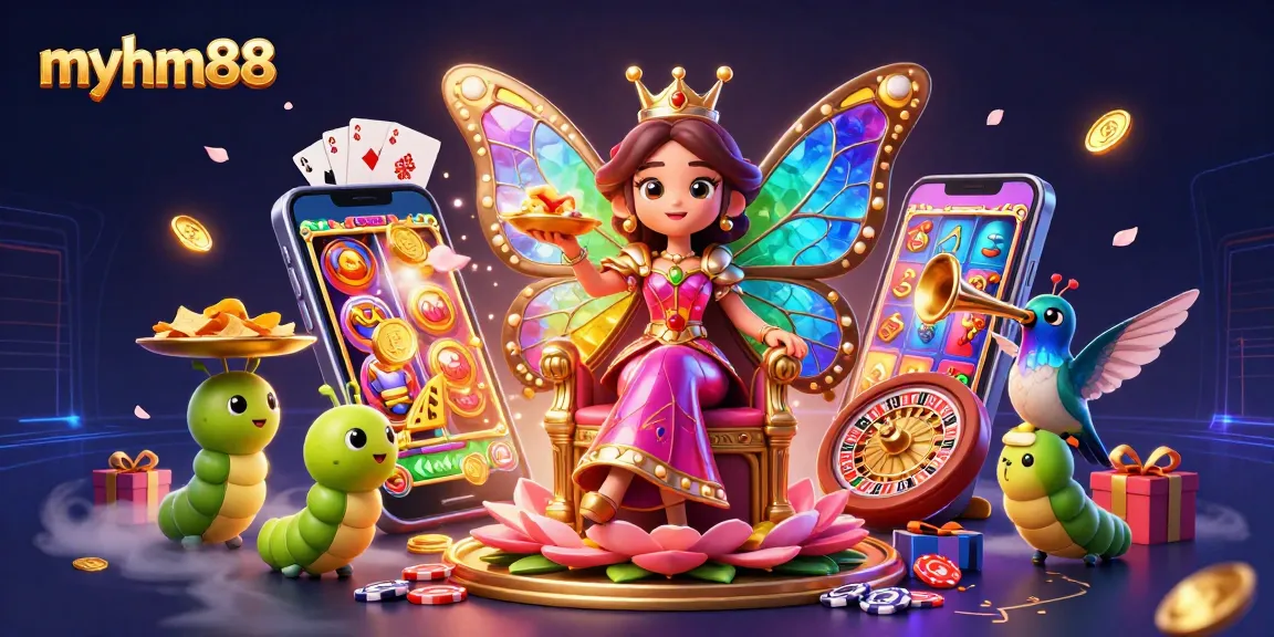 Experience the thrill of myhm88 with vibrant slot games and colorful casino elements in an enchanting scene.