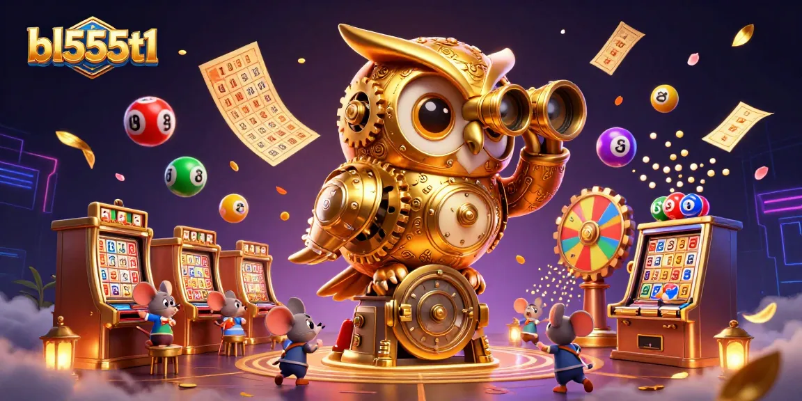 Experience the excitement of the casino with bl555t1's vibrant game elements and a clockwork owl mascot.