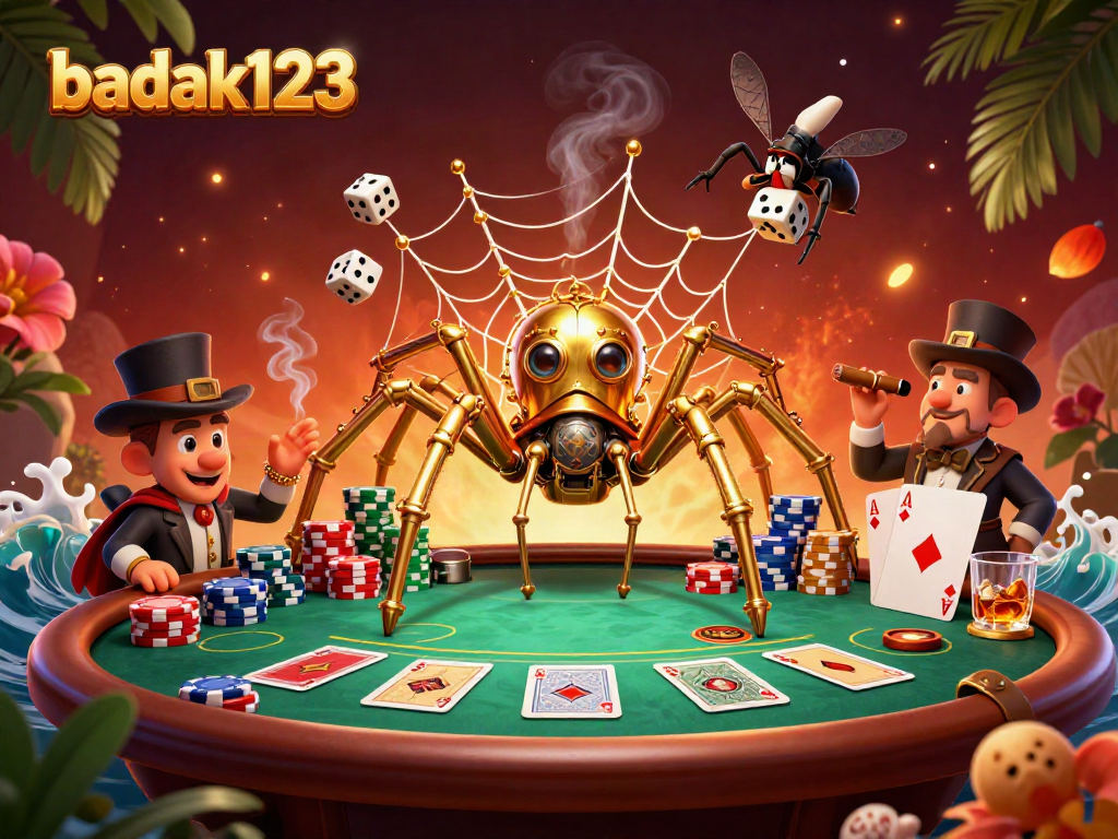 Menang dengan BADAK123 di kasino online, dikelilingi chip poker, dan suasana permainan yang seru.