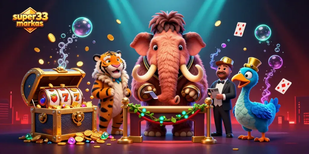 Catch the excitement at super33markas with dynamic casino characters and vibrant game elements in a thrilling scene.