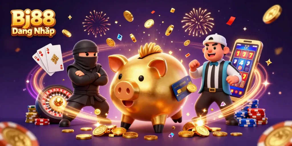 Engage in thrilling gaming action with Bj88 Đăng Nhập, showcasing exciting casino elements and characters in an animated competition.