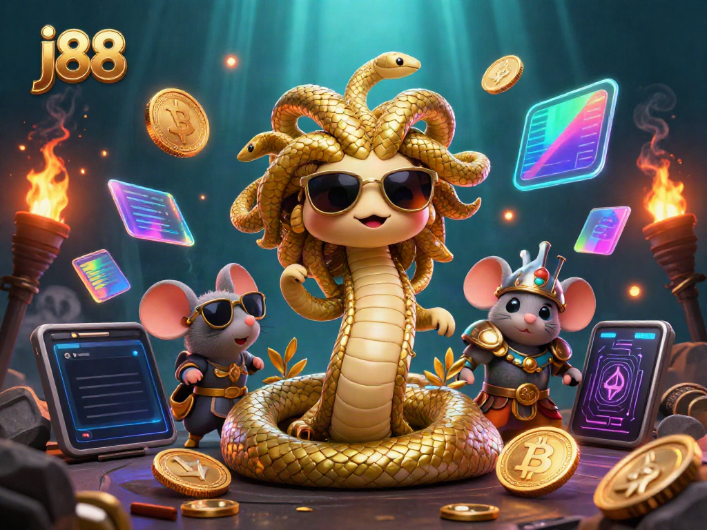 Engage in intense gaming action with the j88 Medusa and warrior mouse amid vibrant crypto elements.