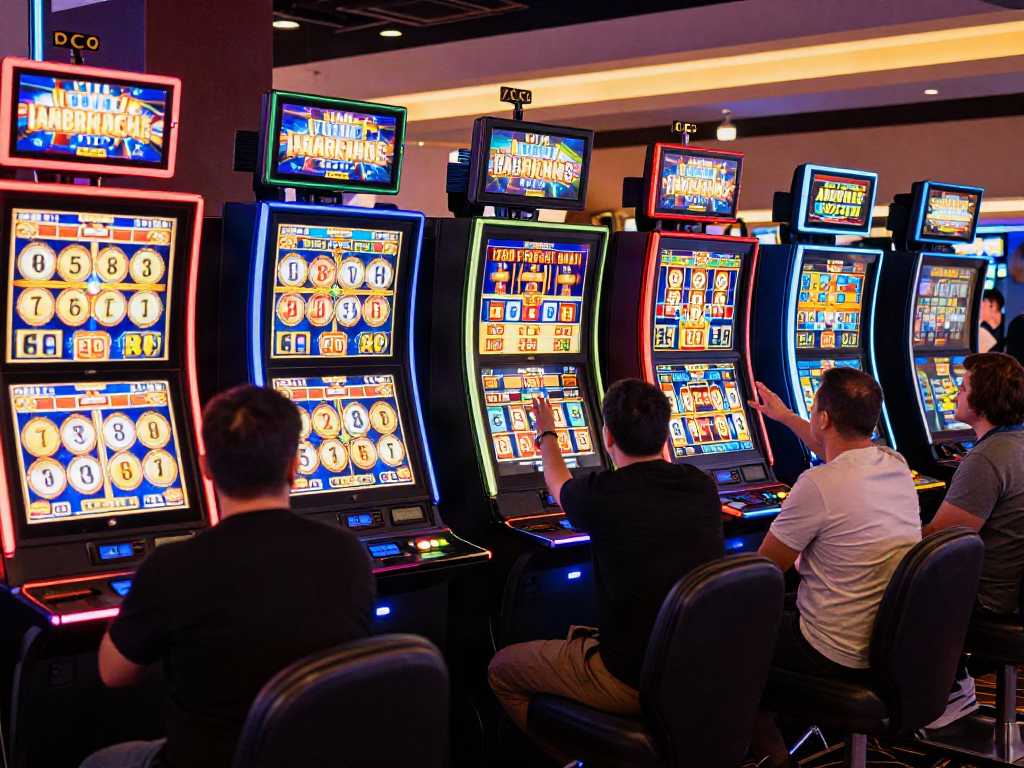 Suasana kasino slot777 yang ceria dengan pemain antusias dan mesin slot berlampu cerah.