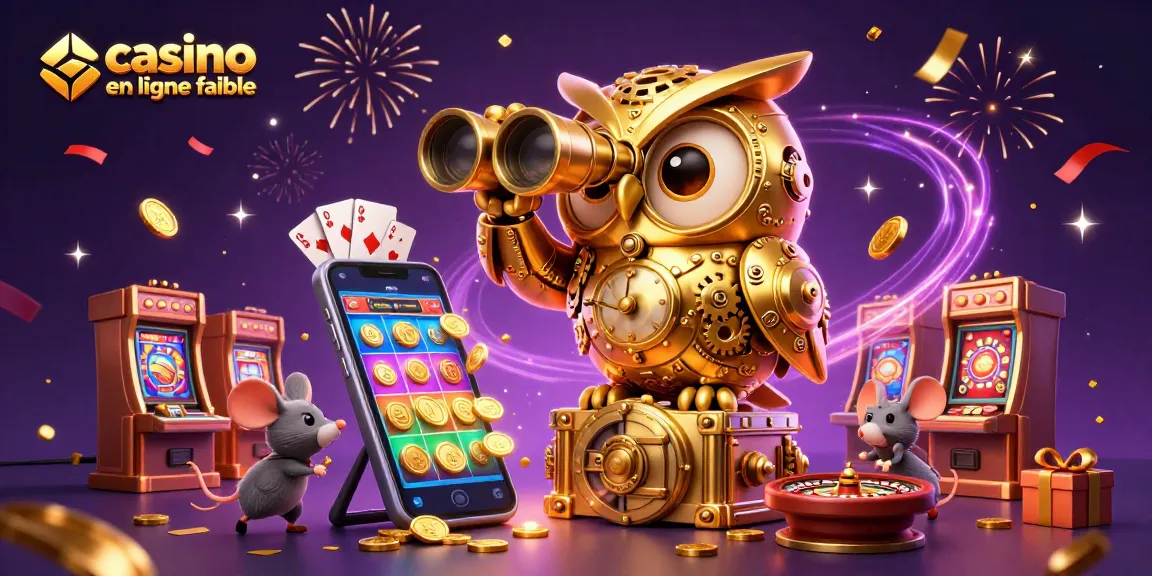 Découvrez l'illustration d'un casino en ligne fiable avec un hibou doré et des éléments de jeu dynamiques.