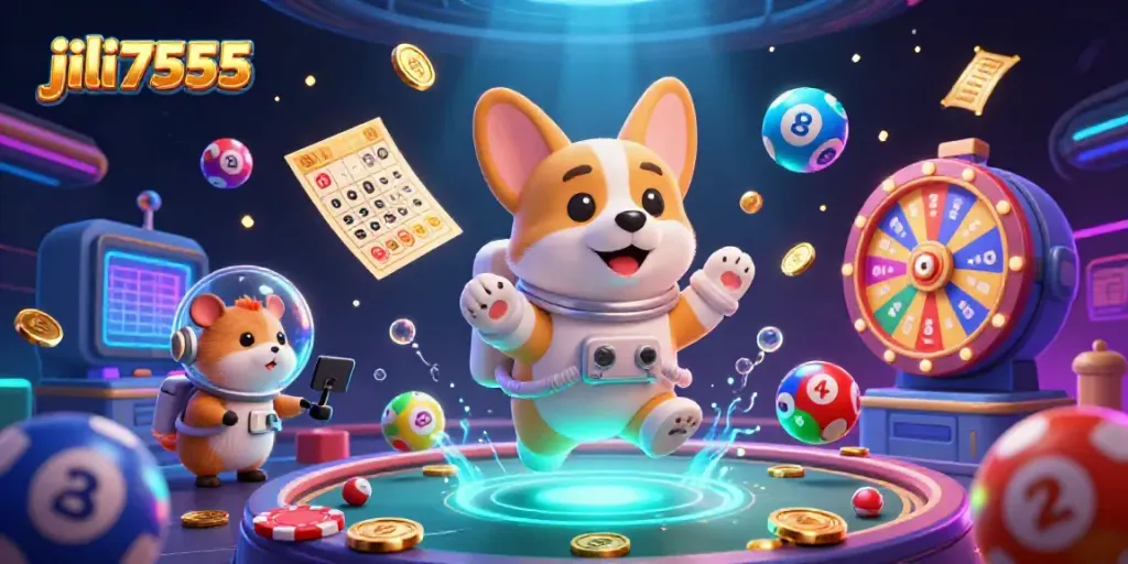 Experience the excitement of jili7555 with a playful astronaut corgi in a vibrant casino scene.
