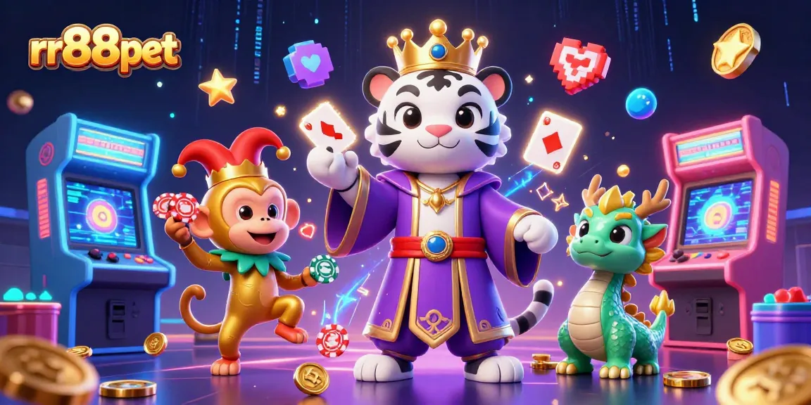 rr88pet entertains players with a vibrant 3D casino scene featuring a playful white tiger and monkey.