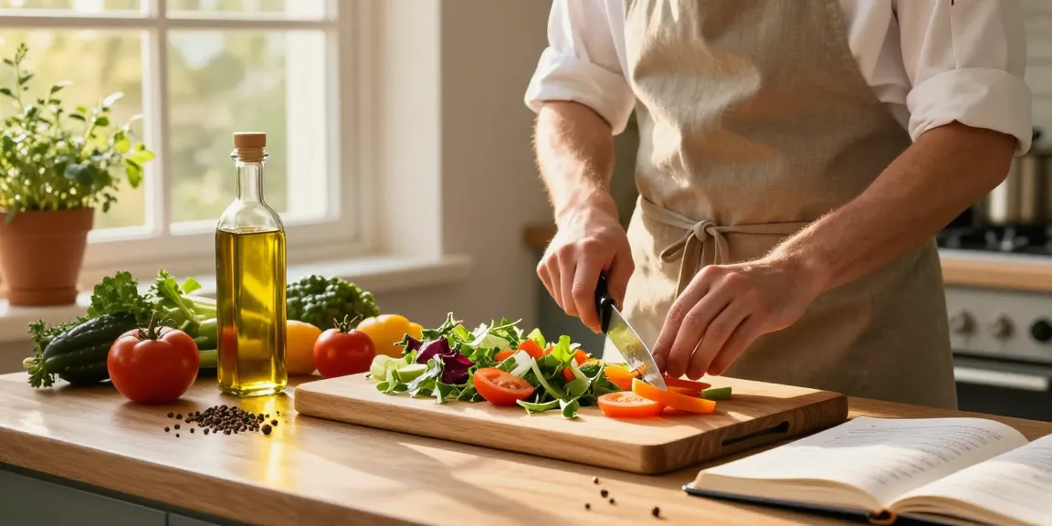 Delicious salad preparation in a bright kitchen showcasing fresh ingredients and a warm ambiance, featuring สล็อตเว็บตรง.