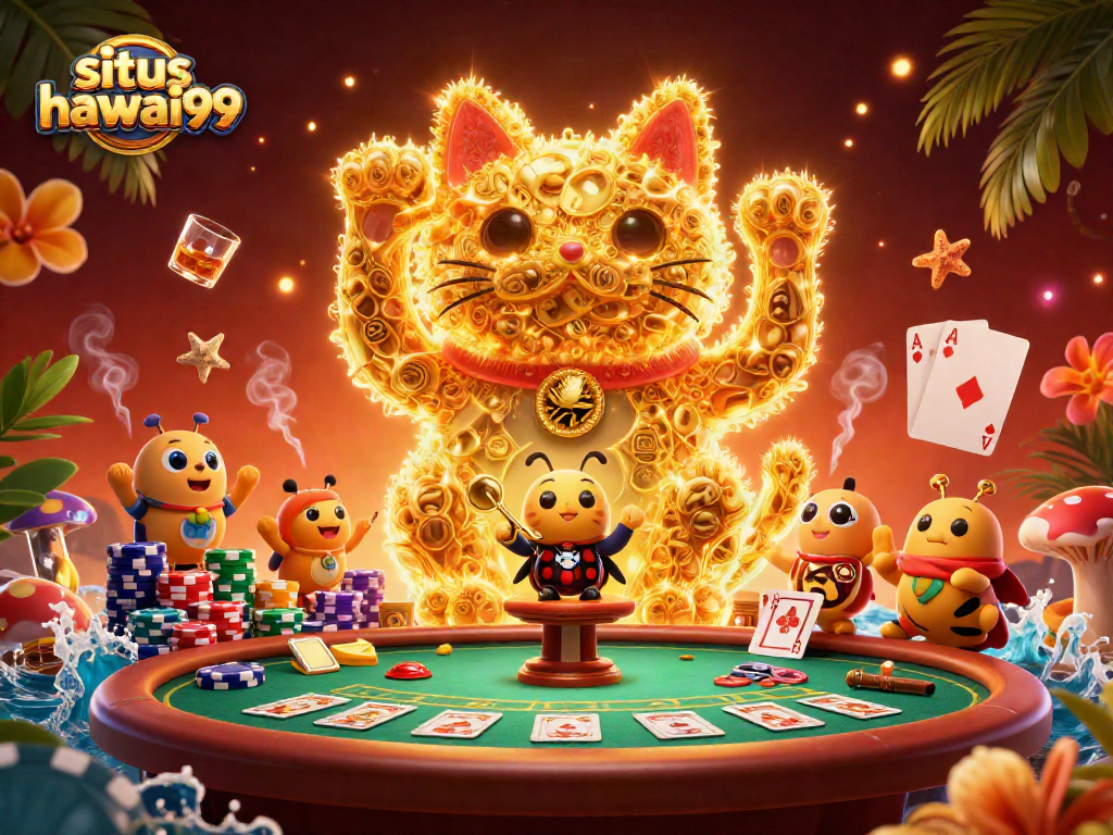Engage with situs hawai99 through a captivating casino scene featuring a lucky cat made of fireflies.