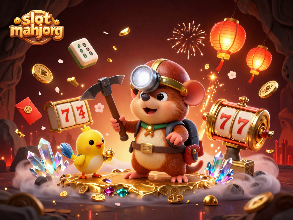 Play slot mahjong with vibrant characters and atmosphere, featuring a treasure hunter and dynamic game elements.