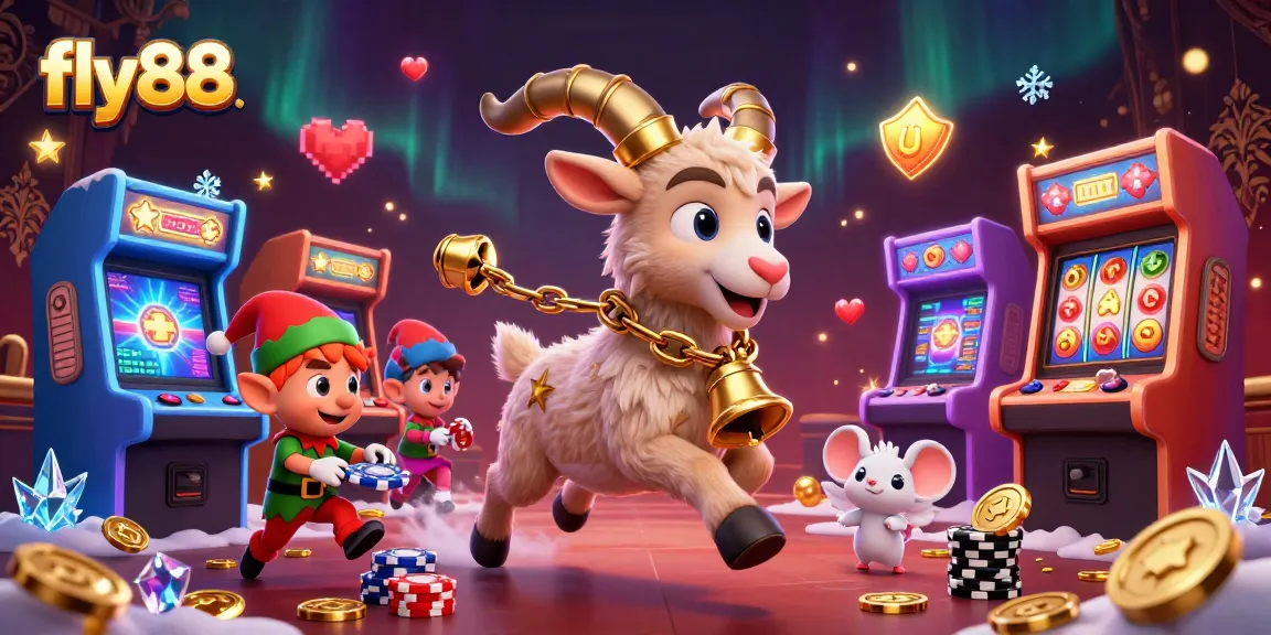Experience the excitement of fly88 with festive characters in an immersive holiday casino scene.