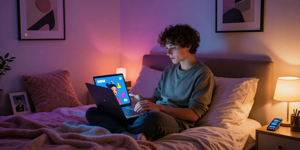 Engaging in an AI chat NSFW experience in a cozy bedroom setting, featuring unique character avatars on a laptop screen.