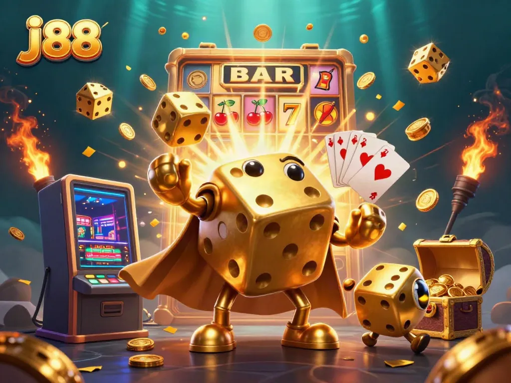j88 gaming scene with golden dice and slot machine bursting with coins and light