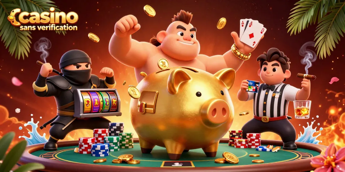 Illustration dynamique de casino sans vérification avec un cochon tirelire sumo, un ninja et un samouraï arbitre.
