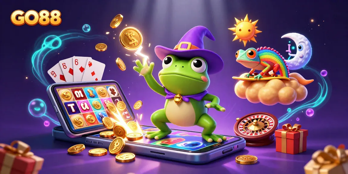 Experience excitement with GO88, featuring vibrant characters and slot games in a rich casino-themed illustration.