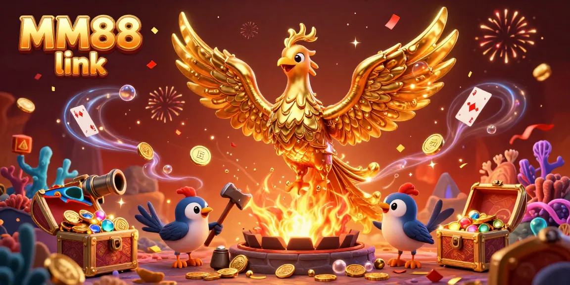 Experience the thrill of gambling with the MM88 link featuring a phoenix made of gold and enchanting casino elements.