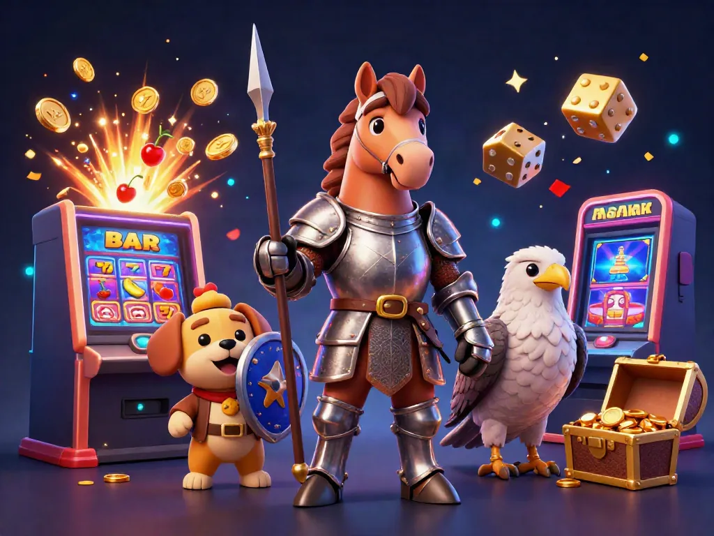 Slot jackpot meledak dengan karakter ksatria, anjing kesatria, dan elang, untuk promosi kasino.