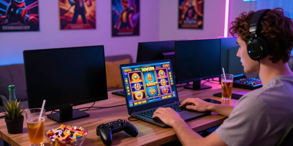User enjoying slot games on king999 website in a lively gaming environment.