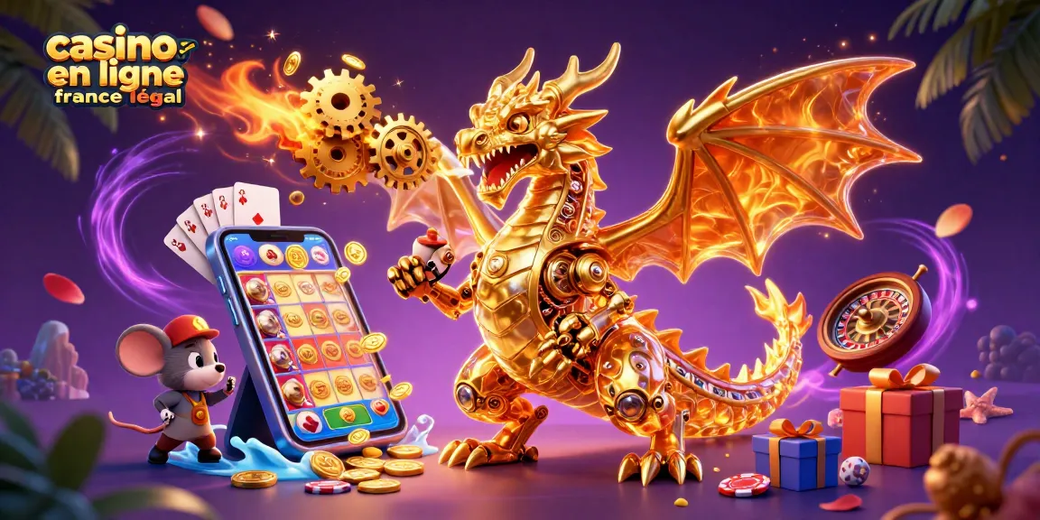 Illustration dynamique de casino en ligne légal en France avec un dragon mécanique doré et des jeux d'argent autour.