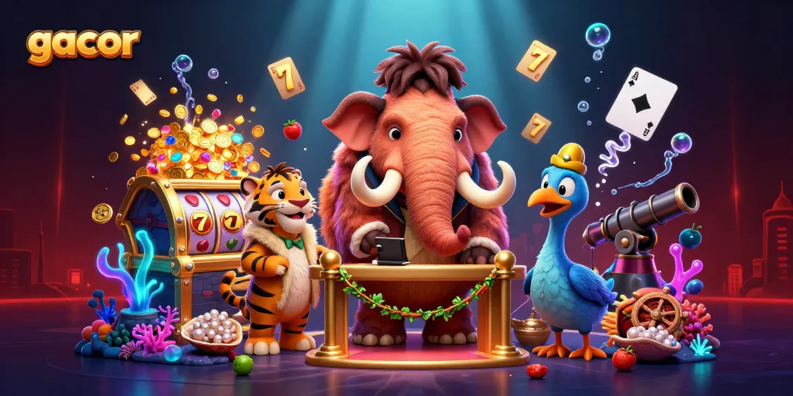 Engage with gacor slots at a vibrant casino scene featuring unique characters and exciting game elements.