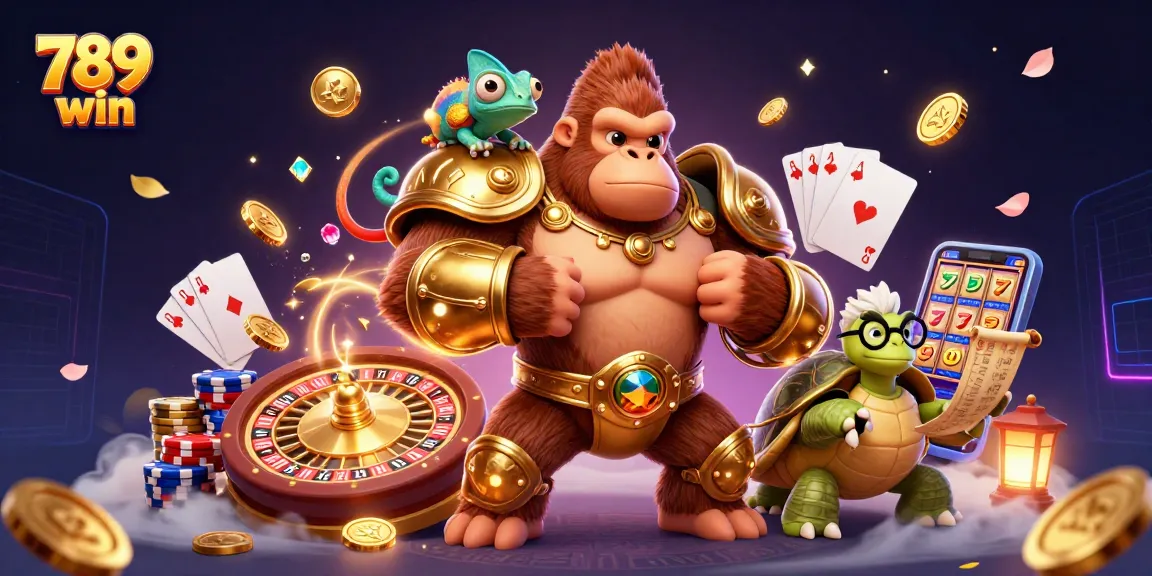 Engage in thrilling games at 789 win with a lively 3D casino scene featuring slot reels and golden coins.