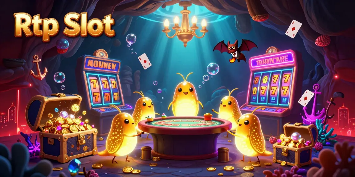 Engage with Rtp Slot excitement in this captivating 3D casino scene featuring glowworms and vibrant game elements.