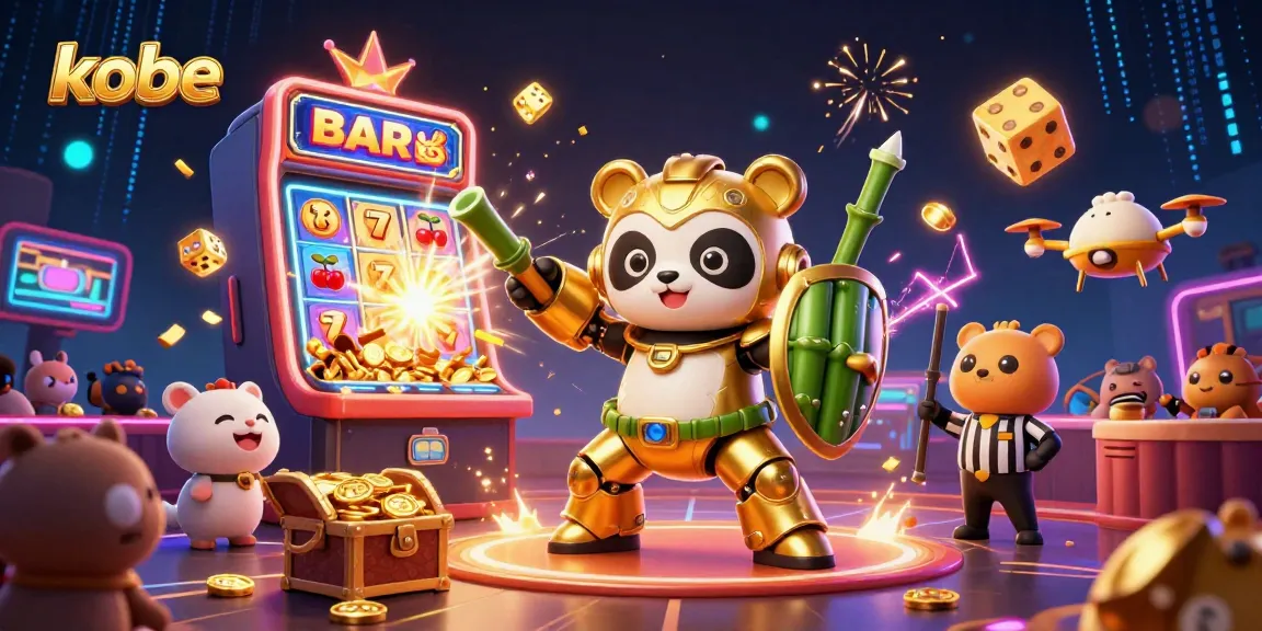 Kobe players enjoy vibrant slots with a golden panda pilot in an exciting casino scene.