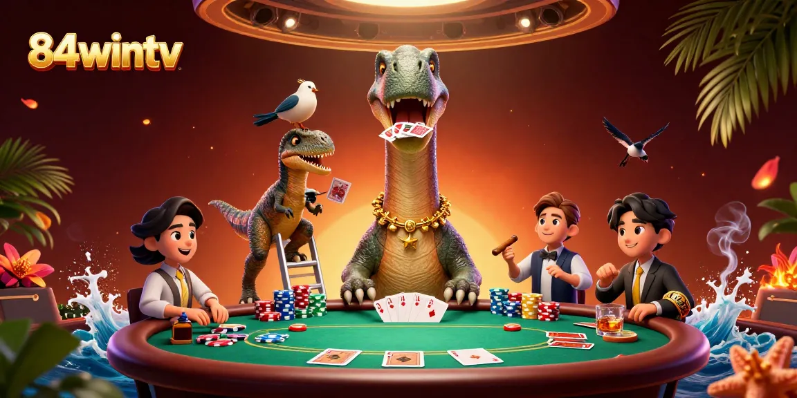 Engage in thrilling poker action at 84wintv with a vibrant 3D casino scene featuring playful dinosaurs.