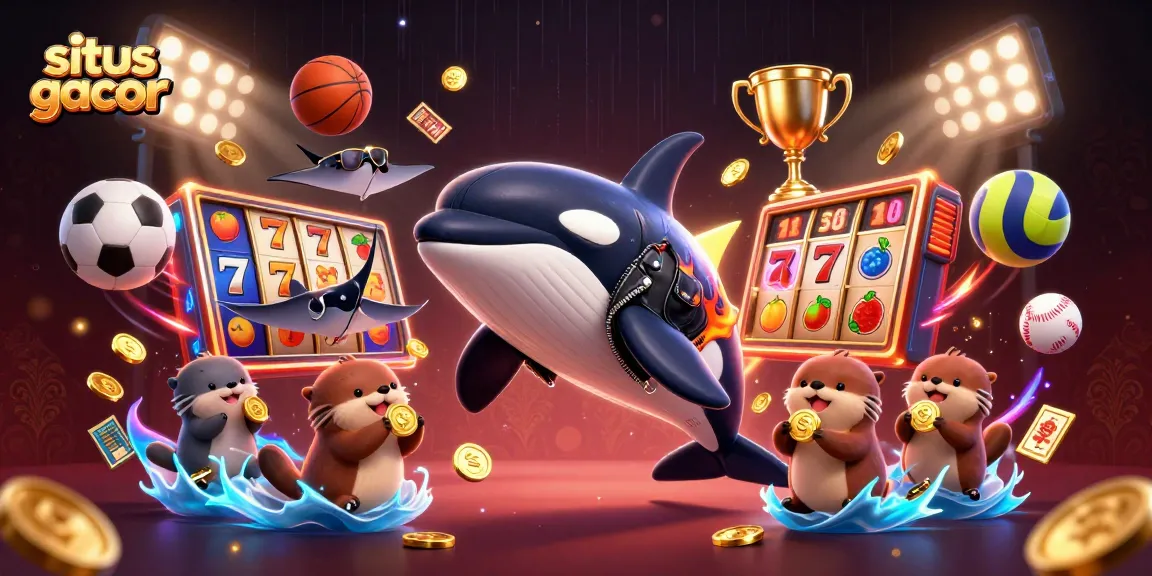 Experience situs gacor action with cartoon characters celebrating wins amidst flying slot reels and gold coins.