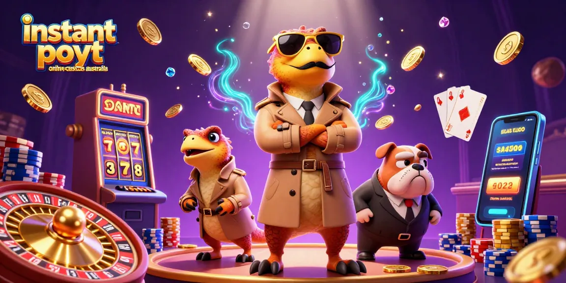 Experience instant payout online casinos Australia with raptors in a trench coat entering a casino.