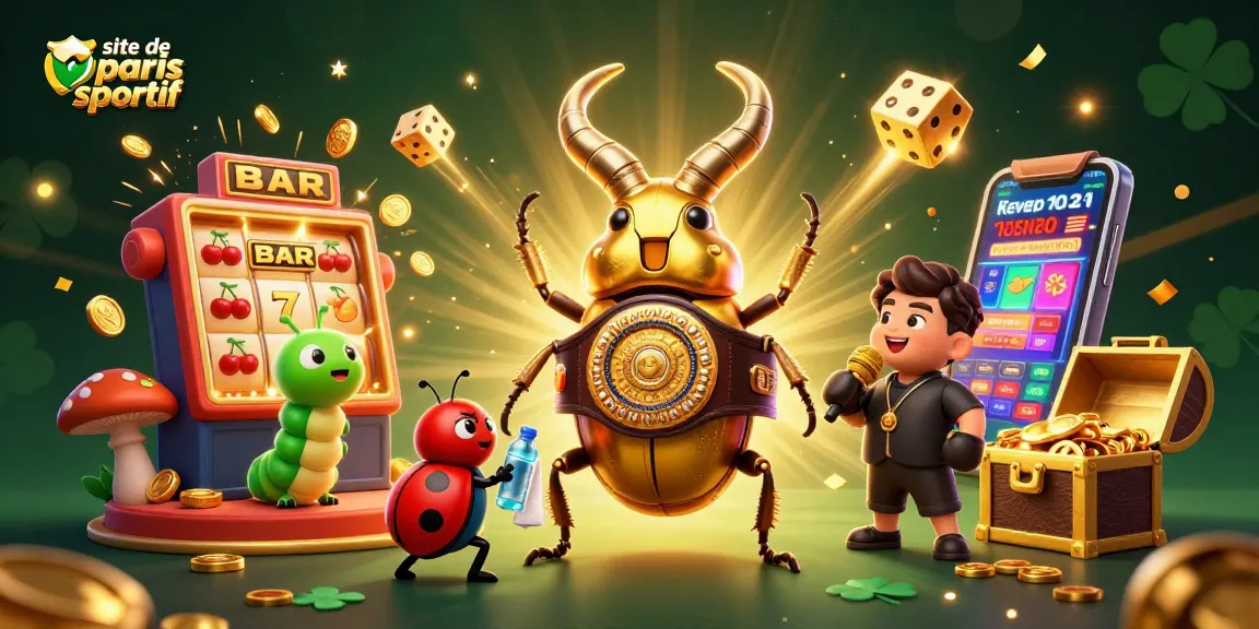 Pariez sur un site de paris sportif avec un scarabée boxeur entouré de symboles de casino.