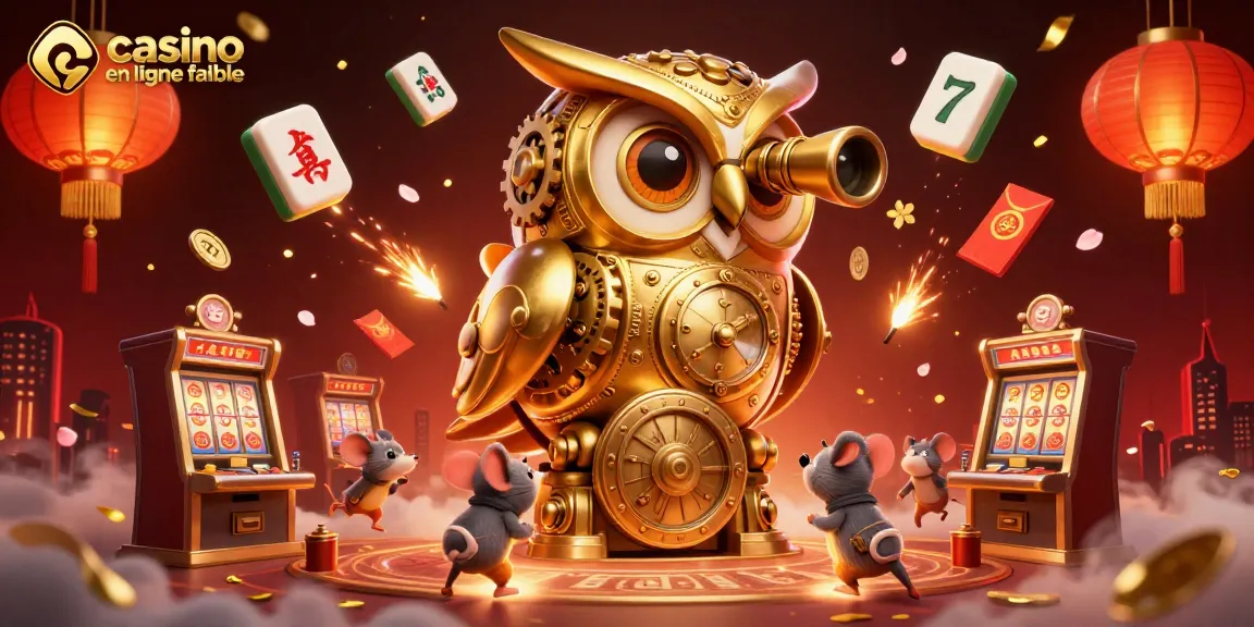 Visitez un casino en ligne fiable avec l'illustration d'un hibou doré et des jeux animés.