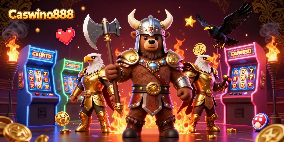 Experience the excitement of Caswino888, featuring dynamic characters in a vibrant casino setting, showcasing gaming elements and rich colours.