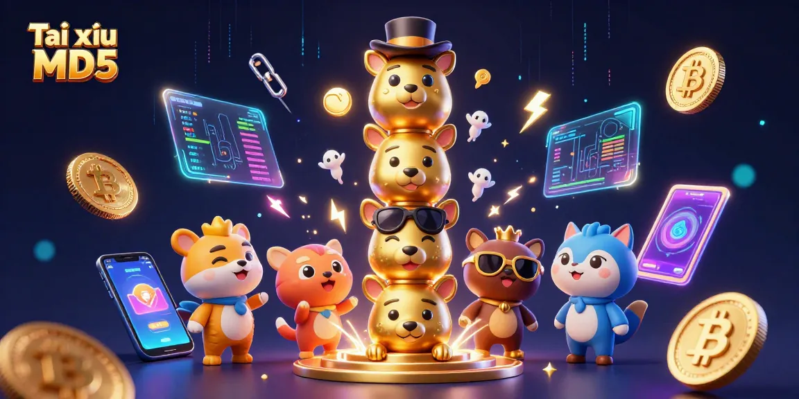 Experience Tài xỉu MD5 with vibrant 3D elements and glowing crypto coins in an engaging online casino setting.