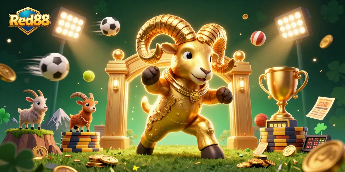 Experience the thrill of gaming at Red88, featuring an exciting 3D golden ram charging at a golden gate.